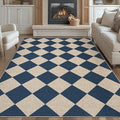 GarveeHome 9x12 Checkered Easy Jute Rugs for Bedroom Machine Washable Large Rugs Non-Slip Backing Modern Neutral Stain Resistance Carpets for Farmhouse Patio Dining Room Backyard Navy Blue