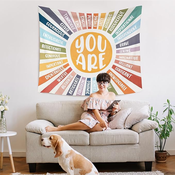 WARDOS Boho Sunshine Tapestry, You Are Inspirational Tapestry Wall Hanging, Colorful Boho Sun Positive Affirmation Wall Blanket Decor for Kids Room Nursery Playroom Classroom, 50x60 Inch