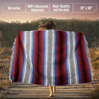 Hydration Nation Authentic Large Handwoven Mexican Striped Throw Blanket - Soft, Durable, Eco-Friendly - 70"x50" - Mariner
