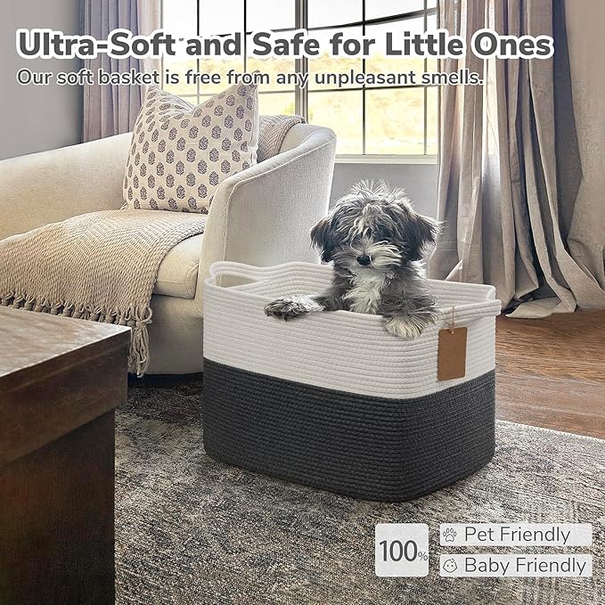 Goodpick Woven Storage Baskets for Organizing, 18" x 14" x 12" Baby Laundry Blanket Toy Basket for Living Room, Rectangle Cotton Rope Baskets with Handles, Dark Gray