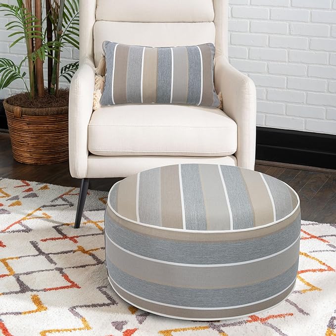Outdoor/Indoor Inflatable Ottoman Pouf D20 xH9, All Weather Round Footstool with Foot Pump, Water Repellent Portable Footrest with Handle for Patio Garden Camping Travel-Grey Stripe
