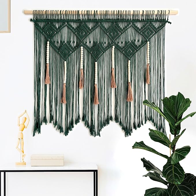 Youngeast Large Macrame Wall Hanging Boho Woven Tapestry Bohemian Macrame Wall Decor Handmade Tassel Tapestry Home Decoration for Bedroom Living Room 39"X31" (Wood Dowels Not Included) (Dark Green)