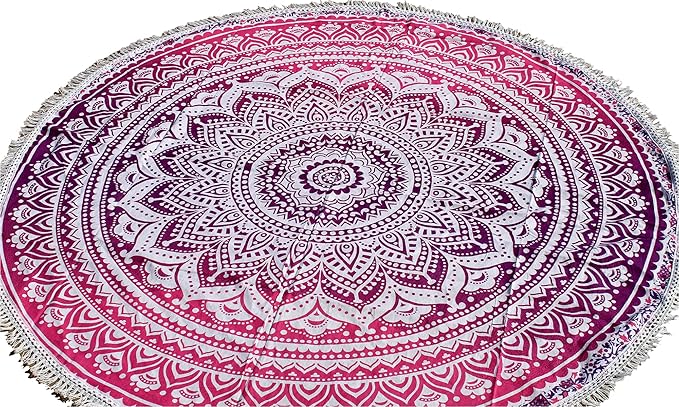 Round Beach Tapestry Turquoise Mandala Throw/Boho Hippie Beach Blanket Roundie/Indian Cotton Bohemian Large Round Table Cloth-Home Decor/Yoga Mat Meditation Picnic Rug (42", Pink and White)