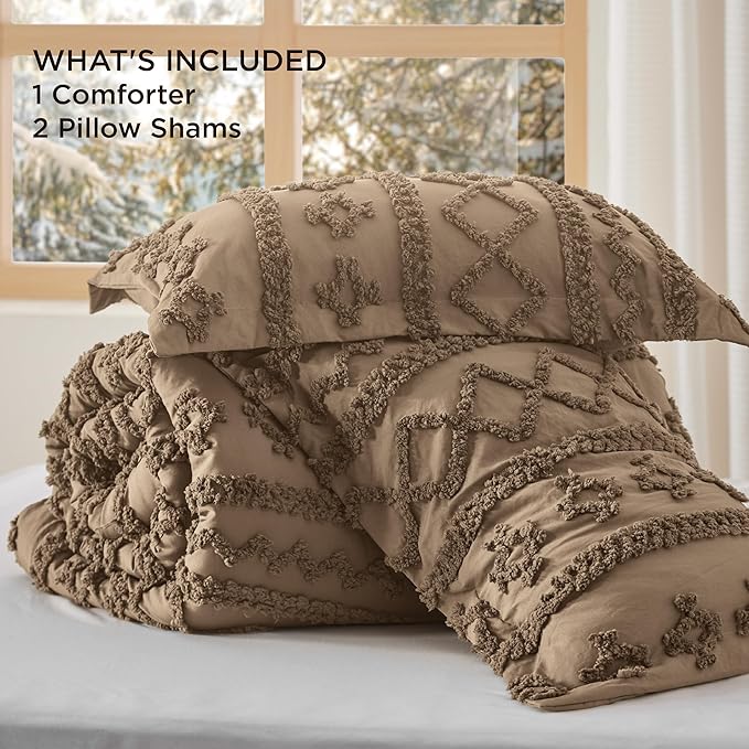 Bedsure Tufted Boho Comforter Set Queen Size - Light Brown Boho Bed Set, GentleSoft™ 3 Pieces Farmhouse Shabby Chic Embroidery Bedding, Gifts for Woman, Jacquard Queen Comforter for All Seasons