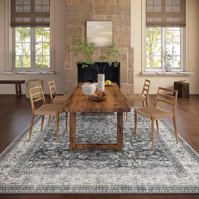 Machine Washable Rugs for Living room: 9x12 bedroom Rug Vintage Boho Area Rug Stain Resistant Non Slip Low Pile Lightweight Soft Carpets for Living room Dining Room Kitchen Nursery Kids Room Farmhouse