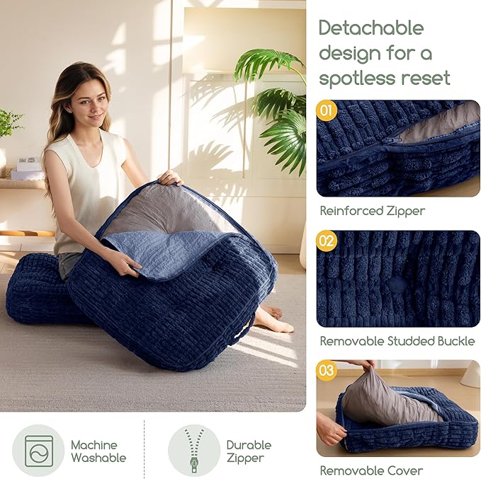 Washable Floor Pillow Cushion for Adults, Meditation Cushion Pillow, Removable Tufted Blended Corduroy Cover, Large Square Floor Sitting for Tatami Living Room or Yoga, 22x22 Inch, Machine Washable