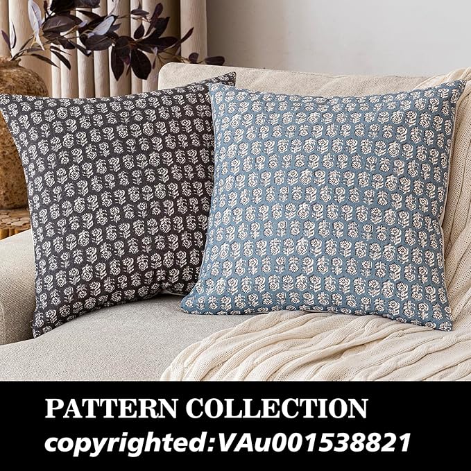 Foindtower Set of 2 Decorative Neutral Floral Print Throw Pillow Covers Vintage Accent Farmhouse Cushion Covers Boho Home Decor for Sofa Couch Chair Bedroom Living Room,22×22 Inch,Dusty Blue