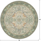 Washable Sage Green 6ft Area Round Rug for Living Room - Vintage Circular Rug for Kids Bedroom, Dining Room, Office with Botanical Floral Bird Pattern, Low Pile Non Slip Stain Resistant