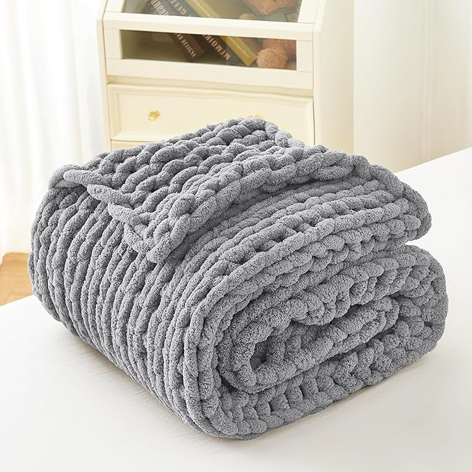 Admitrack Chunky Knit Blanket Throw, 100% Hand Knit Chenille Throw Blanket for Sofa & Home Decor, Soft and Cozy Knitted Throw Blankets (Dark Gray，51"x63")