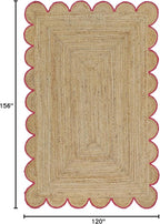 Scalloped Natural Jute Area Rug, Pink Trim, 10'x13'