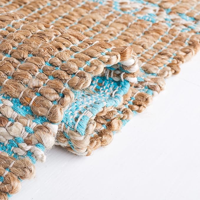 SAFAVIEH Natural Fiber Collection 7' Round Teal/Natural NFB655K Handmade Flat Weave Stripe Jute & Cotton Jute Area Rug