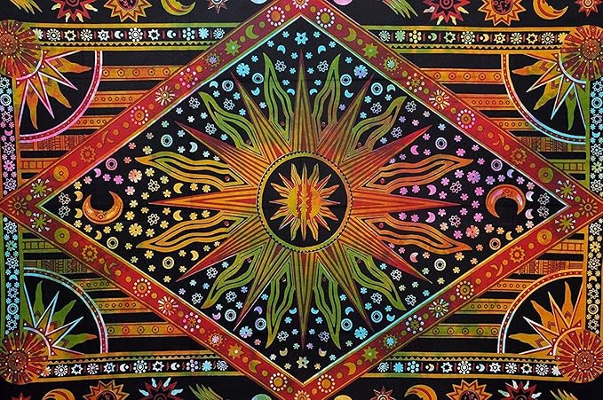 Popular Handicrafts Wall Hanging Tapestry For Bedroom Burning Sun and Moon Hippie Mandala Bohemian Hippy Psychedelic Design Indian Tapestries Bedspread 54x82 Inches (140cm x 210cm) White Multicolor