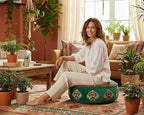 Mandala Life ART Green Round Velvet Pouf Cover - Soft Embroidered Ottoman Slipcover with Moroccan Design, 24 Inch Diameter, Ideal for Living Room, Bedroom, or Meditation Space - Floow Pillow Cushion