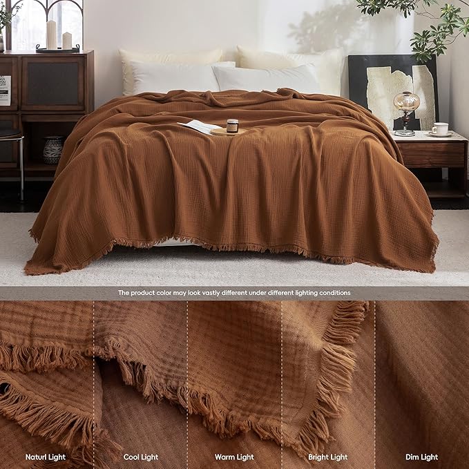 FOSSA Muslin Blanket with Fringe - 4-Layer 100% Cotton Gauze Super Soft & Breathable Throw -Lightweight Decorative Cooling Blanket for Bed, Sofa, Office (Dark Orange, Throw (60" × 50"))