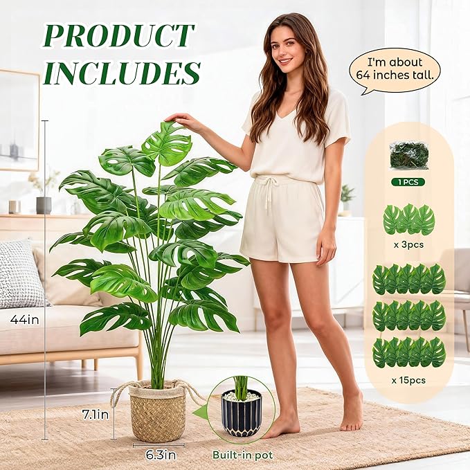 Der Rose 44" Tall Fake Plants with Straight-Woven Basket Large Artificial Monstera Plants Indoor, Easy Assembly Faux Tree for Living Room Bedroom Home Apartment Outdoor Decor