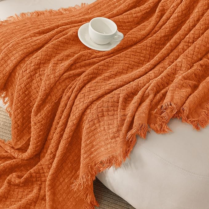 Exclusivo Mezcla Knit Throw Blanket with Fringes for Couch, Reversible Super Soft and Warm Woven Boho Throw for All Season, Home Decor, 50"x60", Burnt Orange