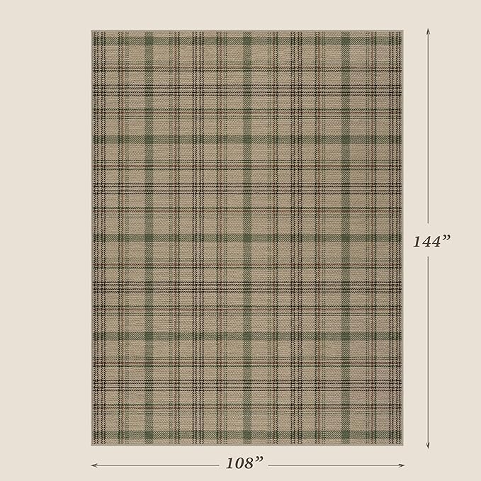 Washable Easy Jute Living Room Rug - Aesthetic Bedroom Rug Under Bed, Outdoor Rug 9x12 for Patio, Large Farmhouse Indoor Outdoor Carpet, Contemporary Non Slip Sage Plaid Decor for Dining Room