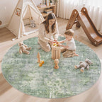 5x5 Green/Ivory Round Rug 5ft Living Room Circle Rug Vintage Round Area Rug Non Slip Indoor Carpet for Entryway Dining Room Bedroom