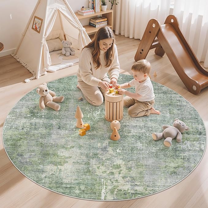 5x5 Green/Ivory Round Rug 5ft Living Room Circle Rug Vintage Round Area Rug Non Slip Indoor Carpet for Entryway Dining Room Bedroom
