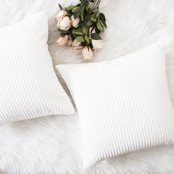 Home Brilliant White Euro Shams Set of 2 60x60 Pillow Covers Striped Corduroy Textured Velvet European Pillow Shams for Couch, 24 x 24 inch, Pure White