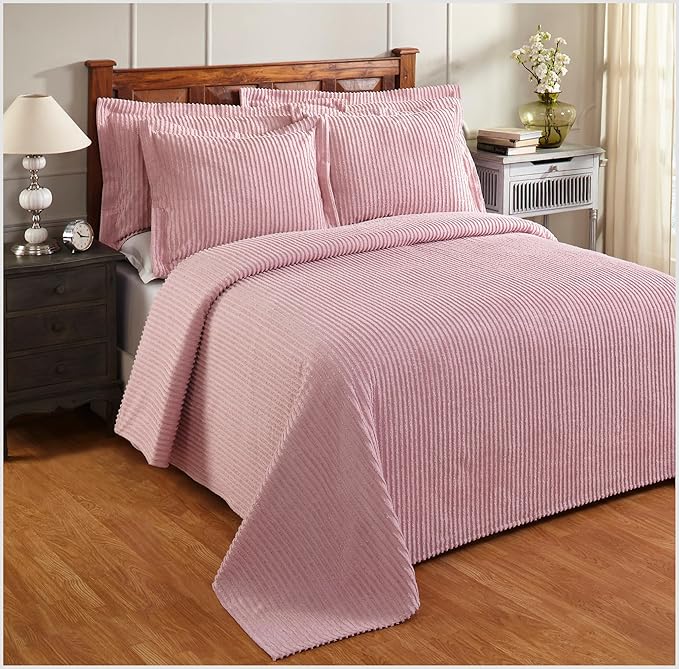 Better Trends Chenille Bedspreads Full/Double Size, Pink 100% Cotton Chenille Stripe Design Tufted Bedding Coverlet Soft Lightweight, 81"x110" 1 Pieces Jullian Collection