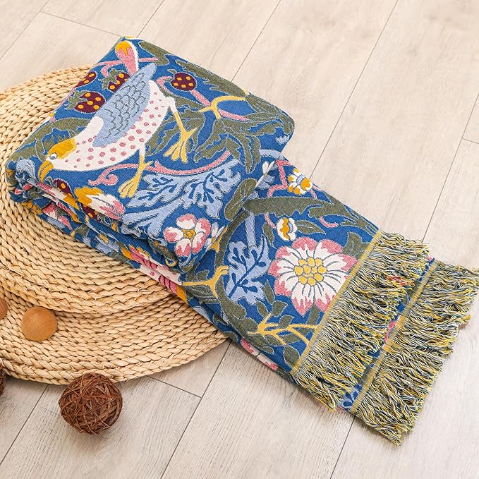Queen Size Throw Blanket for Bed 100% Cotton Boho Oversized Soft Cozy Muslin Quilt Blanket Double Bird and Florals, Vintage Farmhouse Cottage Woven Blankets for Bedding Couch,80"×90"- Blue&Yellow