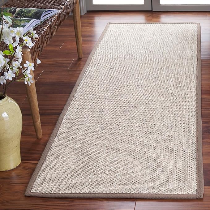 SAFAVIEH Natural Fiber Collection Runner Rug - 2'6" x 14', Marble & Khaki, Sisal, Woven Design with Border (NF143E)