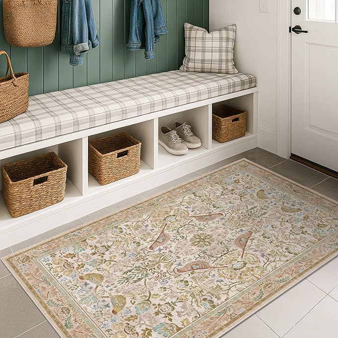 3x6 Washable Rug for Large Entryway - Boho Bird Rugs for Kitchen, Bedroom Beside Bed, Indoor Entrance Door Mat with Moody Woodland Flowers, Non-Slip Stain Resistant Low Pile