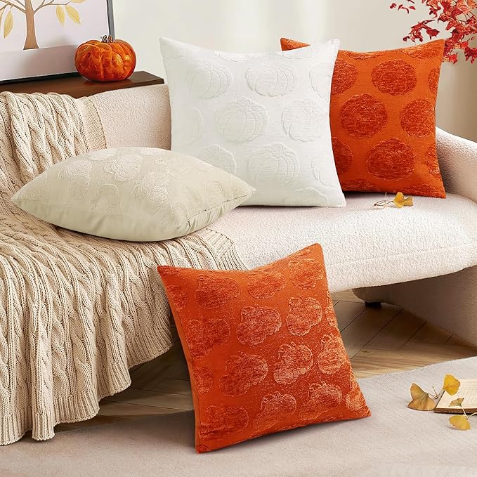 decorUhome Decorative Rust Pumpkin Thanksgiving Throw Pillow Covers 18x18 Set of 2, Soft Chenille Jacquard Farmhouse Textured Pillow Covers for Couch Bed Sofa Autumn Harvest Halloween Holiday