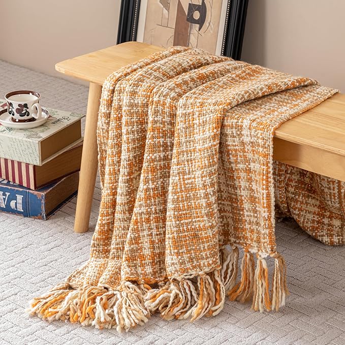 Soft Neon Color Knit Throw Blanket with Tassels, Cozy Boho Home Decro Throw for Sofa Couch Chair Bed, 50X60 Inch, Machine Washable, Orange Color Scheme