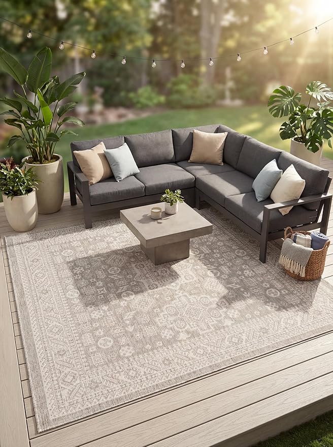 Rugs.com Outdoor Aztec Collection Rug – 10 Ft Square Light Gray Flatweave Rug Perfect for Living Rooms, Kitchens, Entryways