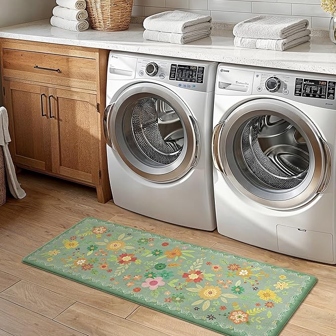 GENIMO Kitchen Mats for Floor 2PCS, Cushioned Kitchen Rugs Non Slip Washable, Farmhouse Anti Fatigue Mat Waterproof, Comfort Standing Mat Rug for Office, Home, Laundry, 17.3"x47"+17.3"x30", LightGreen