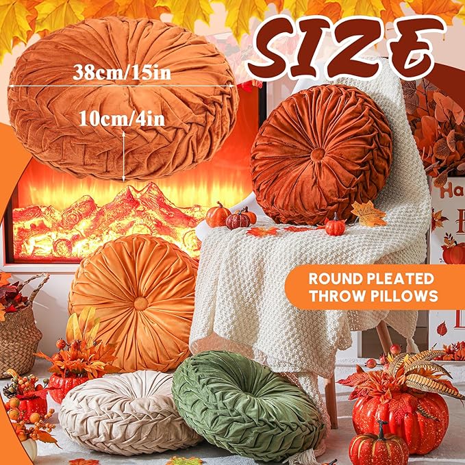 Round Throw Pillows Decorative Pleated Throw Pillows 15'' Diameter Accent Pumpkin Boho Chair Cushion for Couch Sofa Home Decoration(Fall Color,4 Pcs)