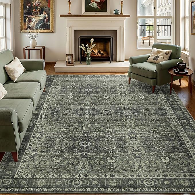 8x10 Vintage Washable Area Rug for Living Room,Low Pile Non Slip Carpet Non-Shedding Large Area Rug Soft Indoor Stain Resistant Rug Floral Print Mat for Bedroom Dining Room Green Floral