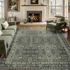 8x10 Vintage Washable Area Rug for Living Room,Low Pile Non Slip Carpet Non-Shedding Large Area Rug Soft Indoor Stain Resistant Rug Floral Print Mat for Bedroom Dining Room Green Floral