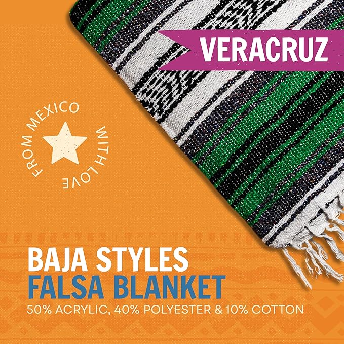Large Mexican Blanket in Kelly Green — Handcrafted Serape Falsa Yoga Blanket (73” x 48”) – Throw for Camping, Beach & Outdoor Use – Artisan Craft, Made in Mexico from Recycled Fibers