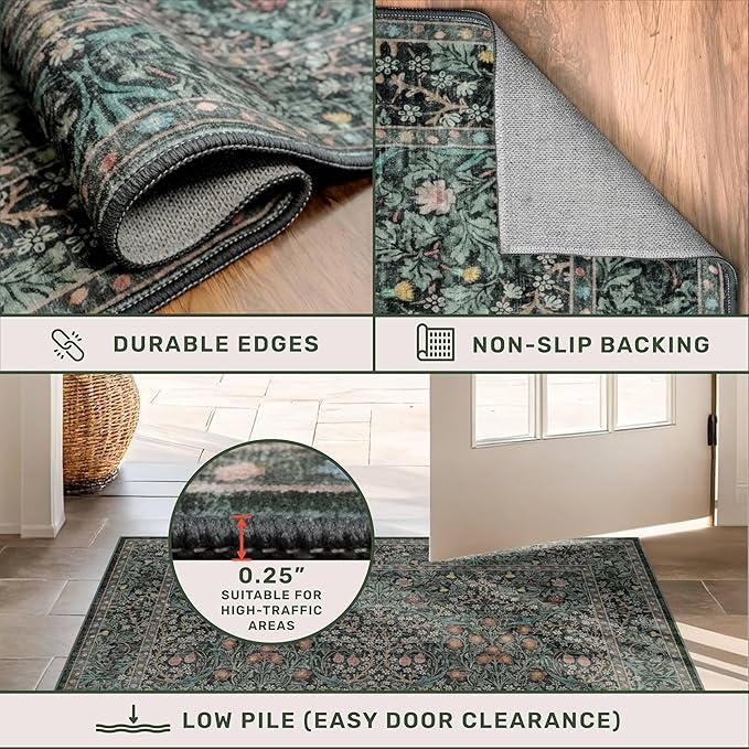 Dark Green 4x6 Washable Area Rug for Living Room Bedroom Large Entryway Kitchen, Ultra Soft Non Slip Stain Resistance, Floral Distressed Aethestic Design
