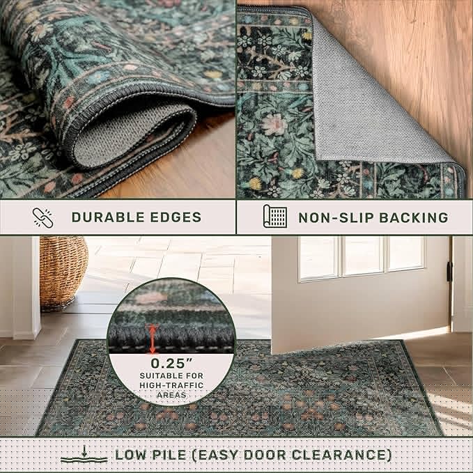 Dark Green Washable 3x20 Extra Long Runner Rug for Hallway Non Slip, Large Kitchen Indoor Floor Rugs for Entryway Hall Way, Soft Stain Resistant Low Pile Vintage Floral Carpet