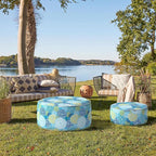 Indoor/Outdoor Inflatable Ottoman D21 x H9 inch, Round Footstool Inflatable Foot Rest Ottoman with Handle, Portable Ottomans Pouf for Patio, Garden, Camping, Home, Dahlia Blue