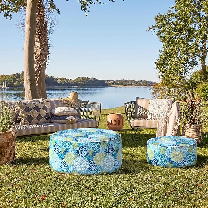 Indoor/Outdoor Inflatable Ottoman D21 x H9 inch, Round Footstool Inflatable Foot Rest Ottoman with Handle, Portable Ottomans Pouf for Patio, Garden, Camping, Home, Dahlia Blue