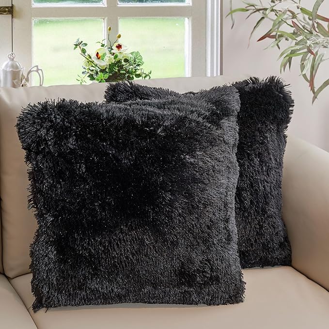 Cheer Collection Throw Pillows for Couch and Bed, Soft Shaggy Throw Pillows with Inserts Included, Cozy Long Hair Faux Fur Pillows - Set of 2-24" x 24" Black