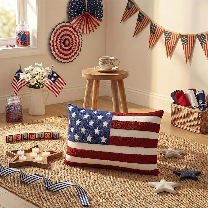 AVOIN colorlife 4th of July Patriotic Striped Star Flag Embroidered Throw Pillow Cover, 12 x 20 Inch Independence Day Decor Tufted Patterned Linen Cushion Case for Sofa Couch