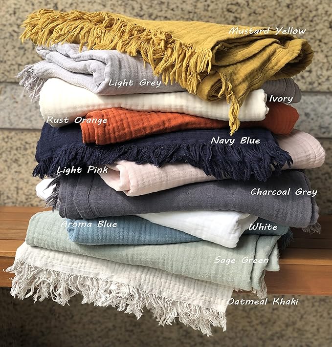 KyraHome Cotton Throw Blankets for Couch, Kids, 50"x60" 100% Organic Cotton Plant Dyed Breathable Lightweight Warm Gauze Muslin Blankets for Adults, Travel, All Season, Sage Green