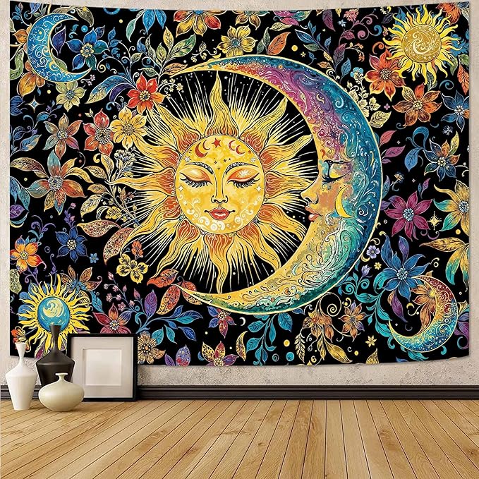Accnicc Sun and Moon Tapestry for Bedroom Boho Hippie Floral Wall Tapestry Aesthetic Vintage Stained Glass Flower Plant Celestial Large Tapestries Wall Hanging for Living Room Dorm 80 x 60 Inch