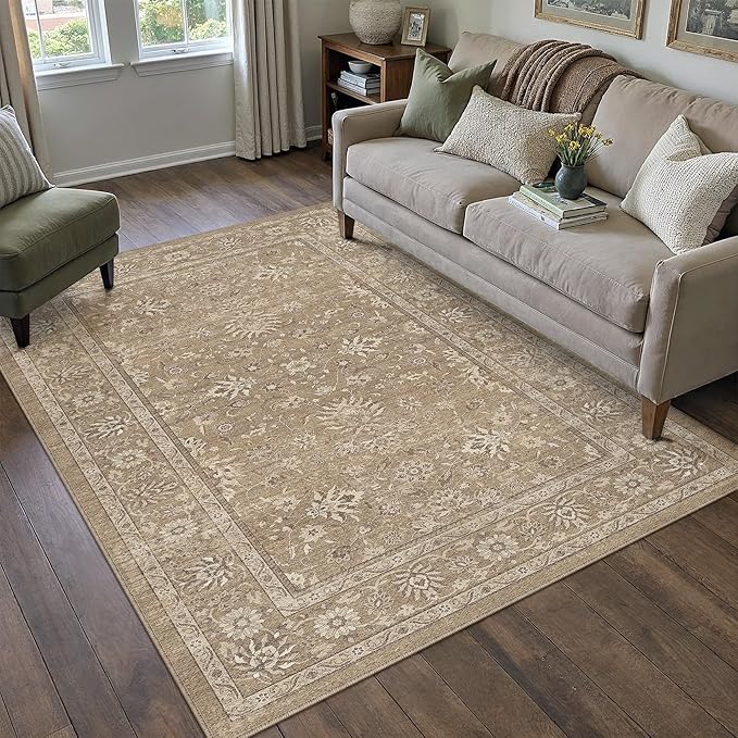 5x7 Area Rug Brown Washable Vintage Carpet Living Room Bedroom Non Slip Stain Soft Resistant Low Pile Thin Boho Accent Indoor Throw Rug for Dining Room Office