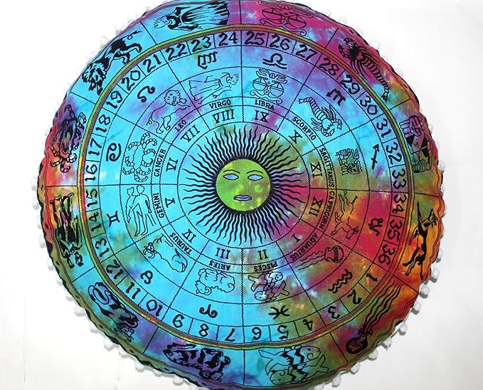 CRAFT KALA 32" Round Large Round Bohemian Floor Pillow Pouf Cover Mandala Meditation Room Pillow Cover for Adults Boho Seating Poufs Cushion Cover for Kids Playroom Multi Zodiac