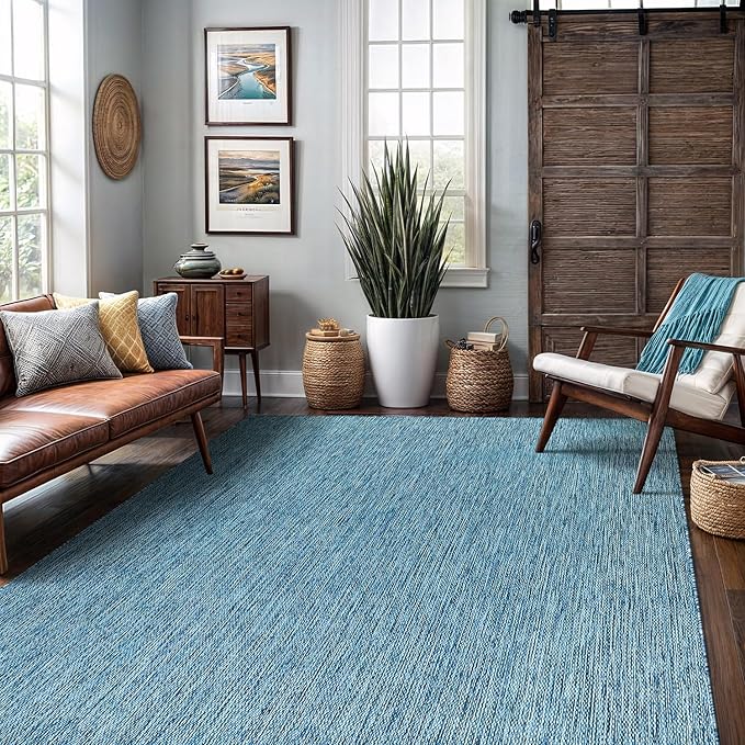 Washable Indoor Outdoor Rug 9x12 Weather Resistant Area Rugs Modern Solid for Porch Deck Balcony Backyard Patio Outside Carpet (9 X 12 Aqua Blue)
