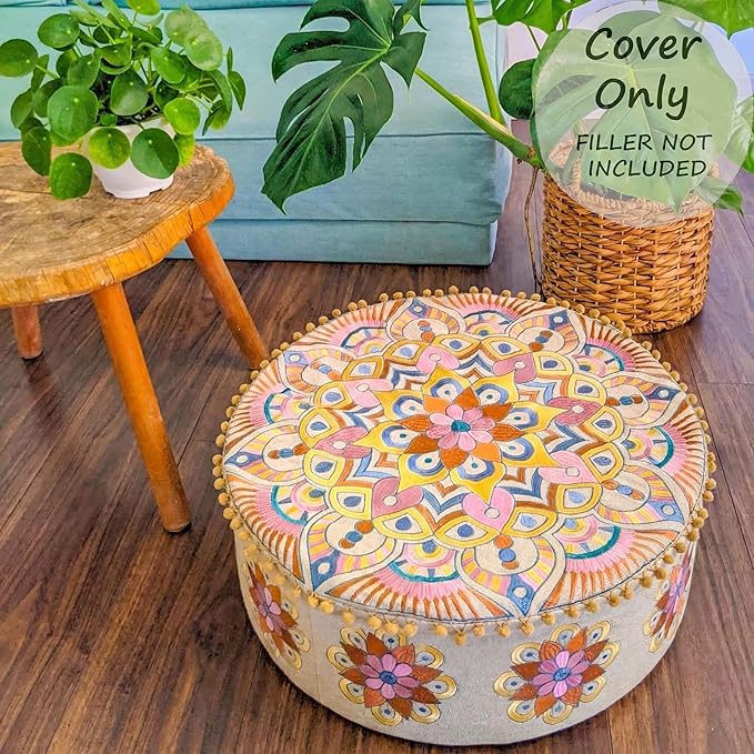 Modern Round Floor Cushion Cover Flower Room Décor Boho Furniture Round Floor Pillow Pouf Footstool Boho Chic Siting Area Stool Cushion Case Luxury Kids Room Décor Cotton 24x8 Unstuffed