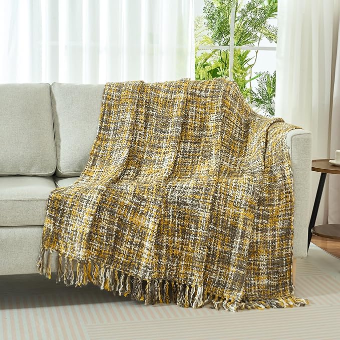 Multi-Color Gold Cable Woven Throw Blanket for Couch,60"X80" Boho Style Textured Blankets for Home Decor,Super Soft Warm Cozy Chunky Blanket with Decorative Tassels for Bed and Sofa