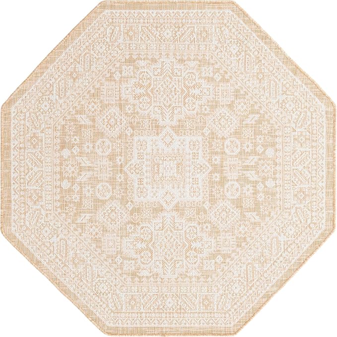 Rugs.com Outdoor Aztec Collection Rug – 5 Ft Octagon Natural Flatweave Rug Perfect for Living Rooms, Kitchens, Entryways
